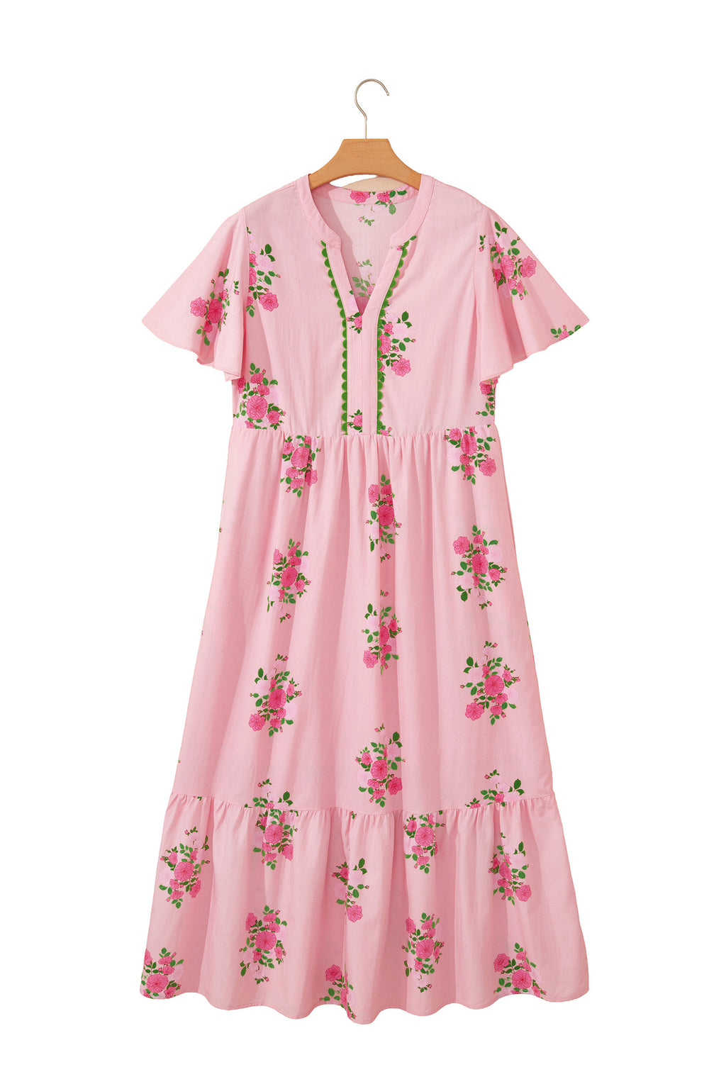 Sky Blue Notched Neck Flutter Short Sleeve Floral Print Maxi Dress