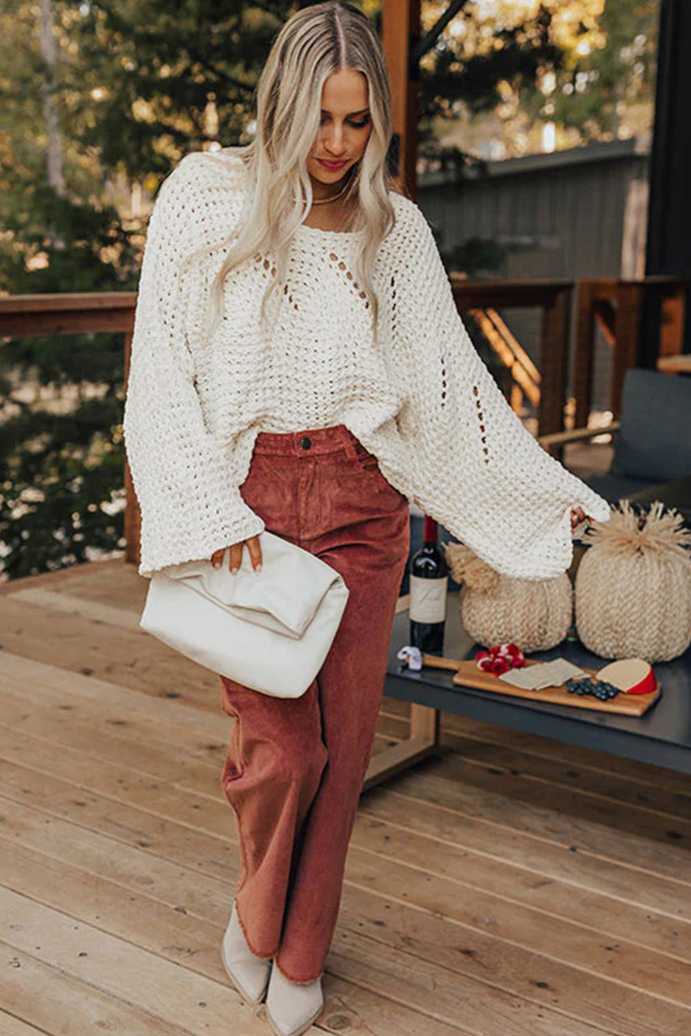White Hollowed Detail Wide Sleeve Loose Pullover Sweater