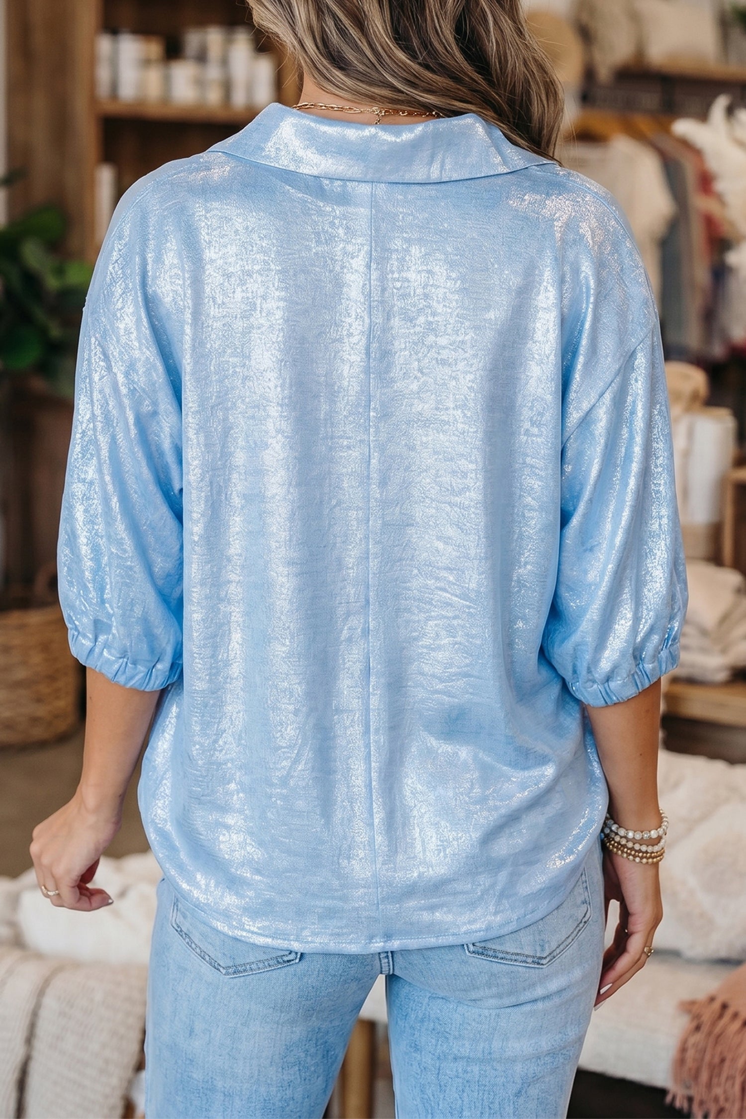 Clearly Aqua Collared V Neck Half Sleeve Metallic Top