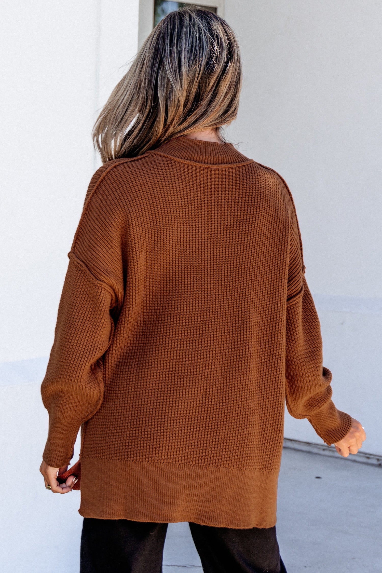 Chestnut Long Sleeve Ribbed Knit Stand Neck Regular Fit Pullover Sweater