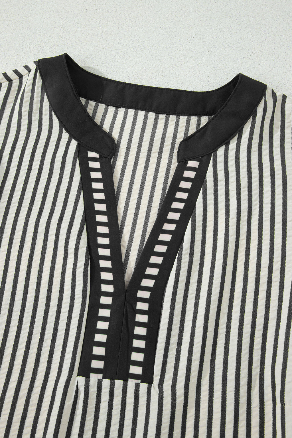 Black Stripe Double Ruffled Short Sleeve V Neck Blouse