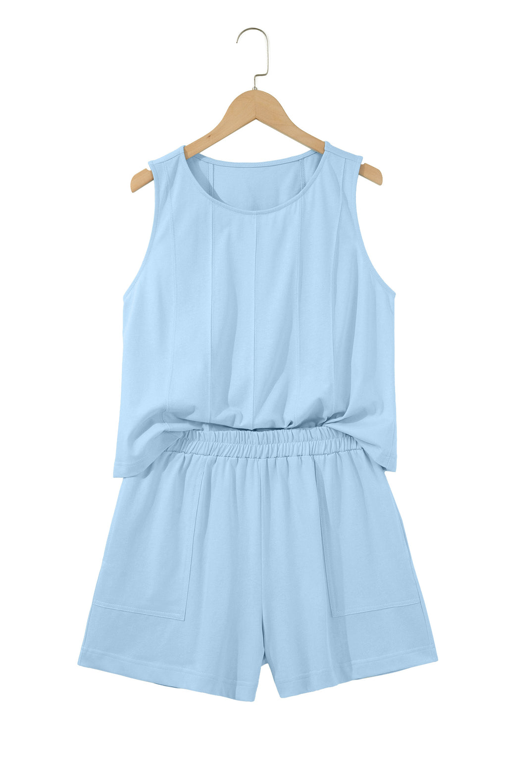 Mist Blue Stitched Detail Loose Tank Top 2pcs Short Set