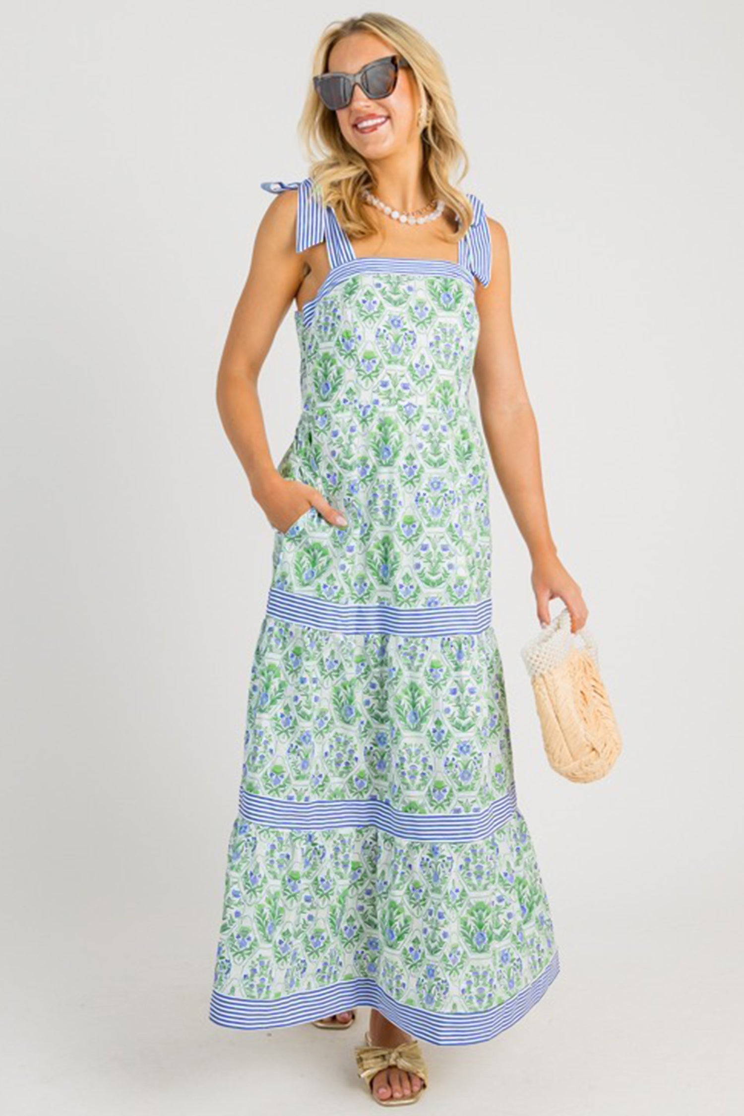 Pink Geometric Floral Print Striped Patchwork Detail Sleeveless Dress
