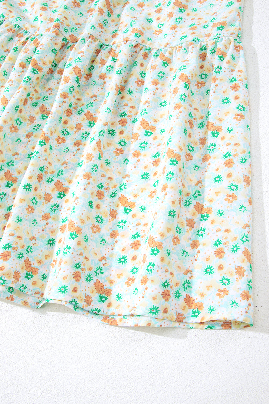Green Floral Short Bubble Sleeve Shirred High Waist Maxi Dress
