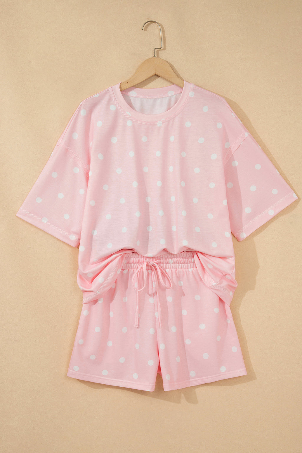 Yellow Exposed Seam Detail Polka Dot Loose Tee Drawstring Shorts Set