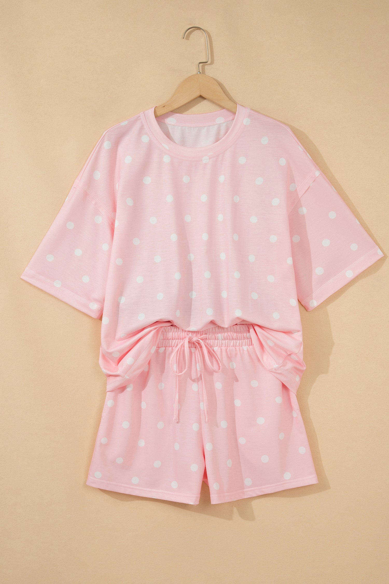 Yellow Exposed Seam Detail Polka Dot Loose Tee Drawstring Shorts Set