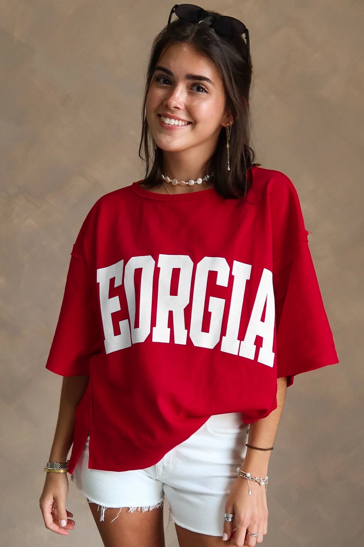 Red GEORGIA Letter Printed  Seam Drop Shoulder Loose Tee