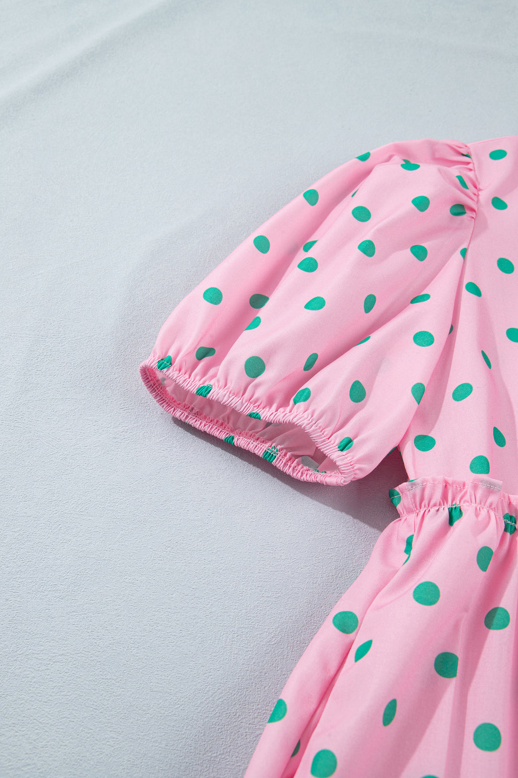 Pink Polka Dot Print V Neck Short Sleeve Tiered Mini Dress