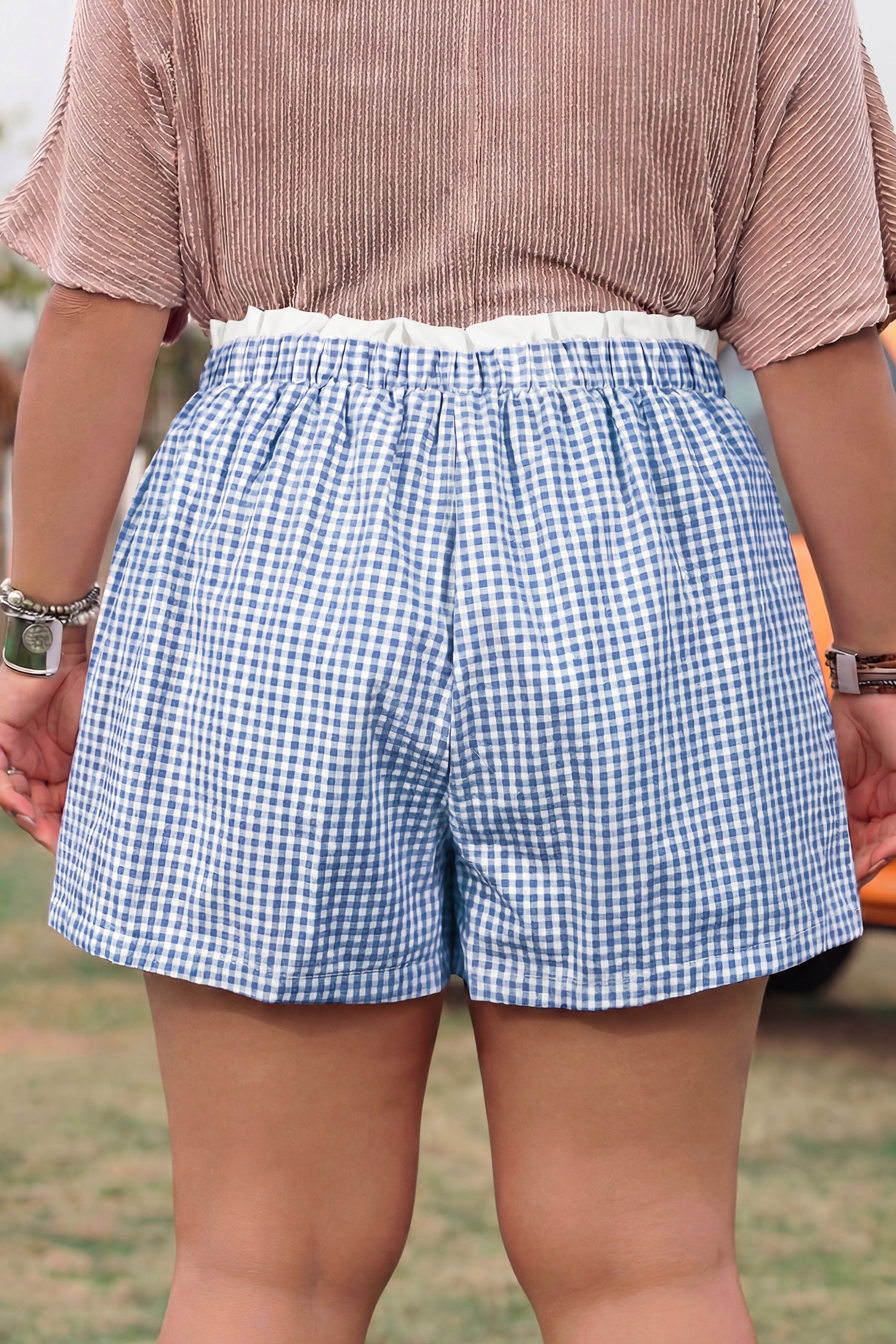 Black Contrast Trim Plaid Print Plus Size Shorts