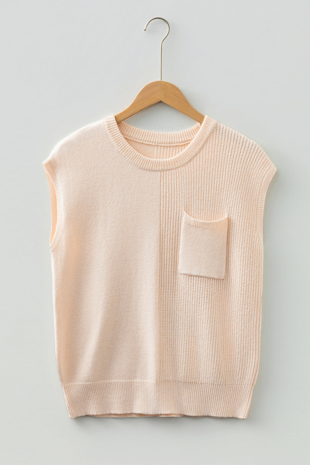 Jet Stream Solid Color Mixed Knits Patch Pocket Short Sleeve Sweater