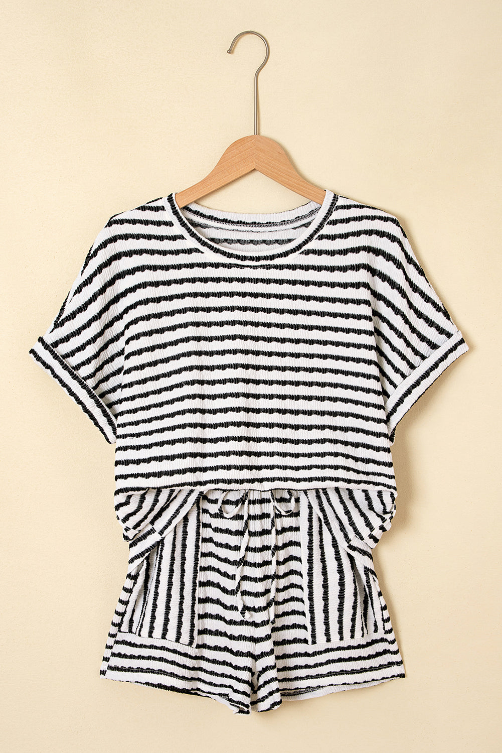 Black Stripe Knitted Short Sleeve Top and Drawstring Shorts Set