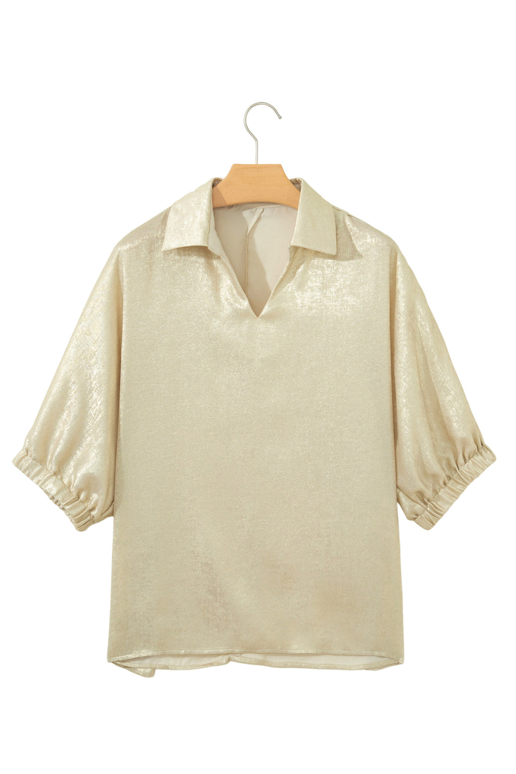 Clearly Aqua Collared V Neck Half Sleeve Metallic Top