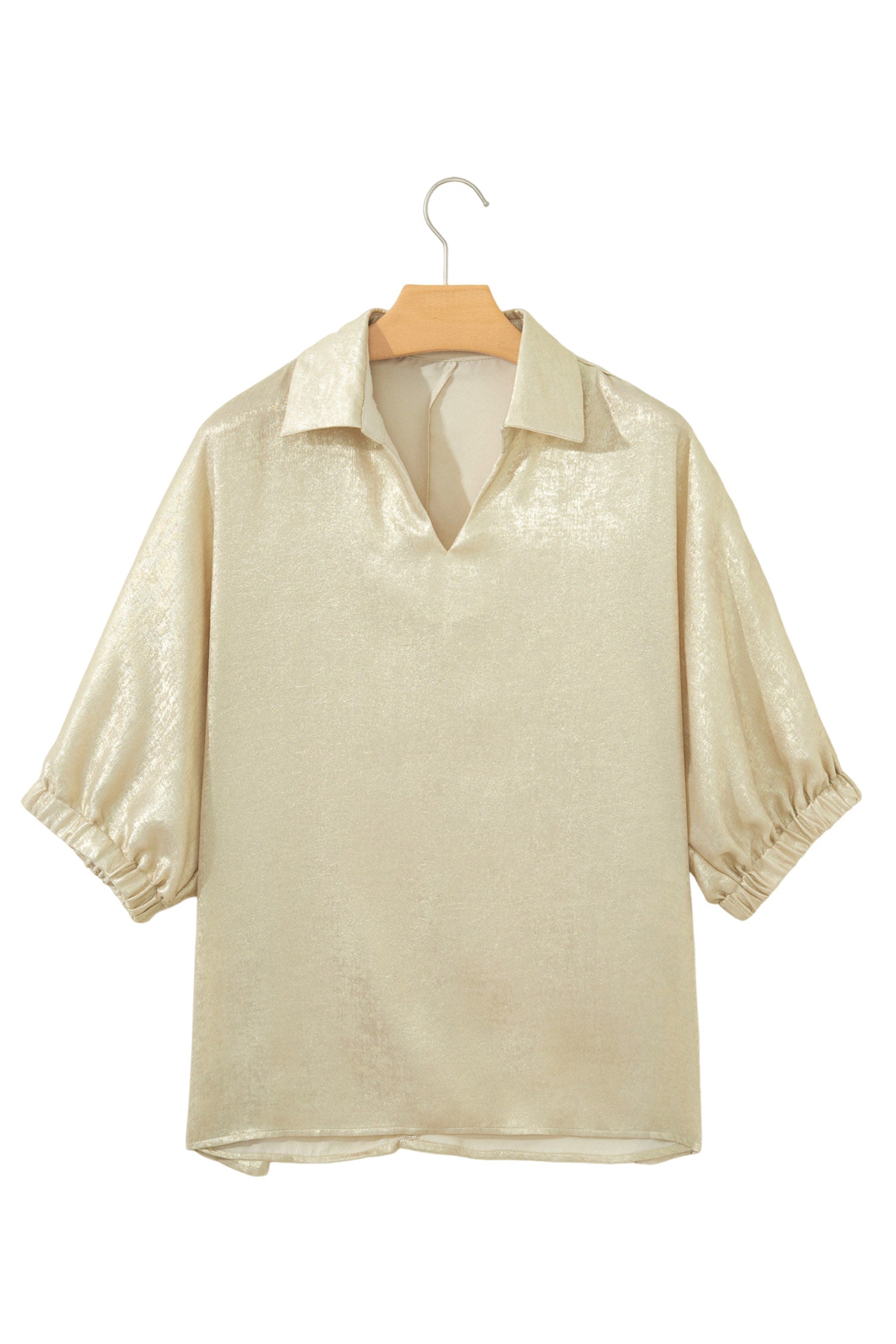 Clearly Aqua Collared V Neck Half Sleeve Metallic Top