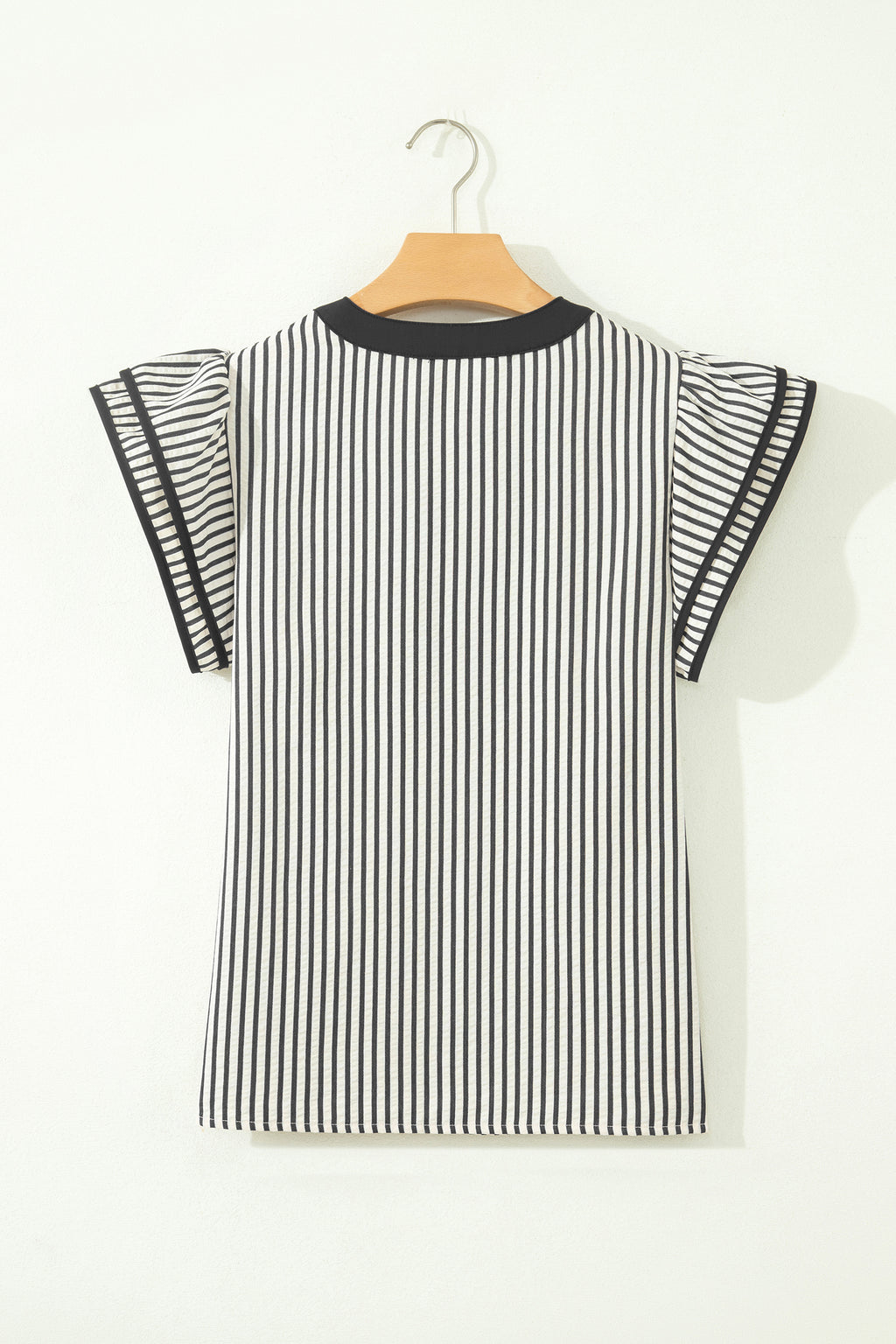 Black Stripe Double Ruffled Short Sleeve V Neck Blouse