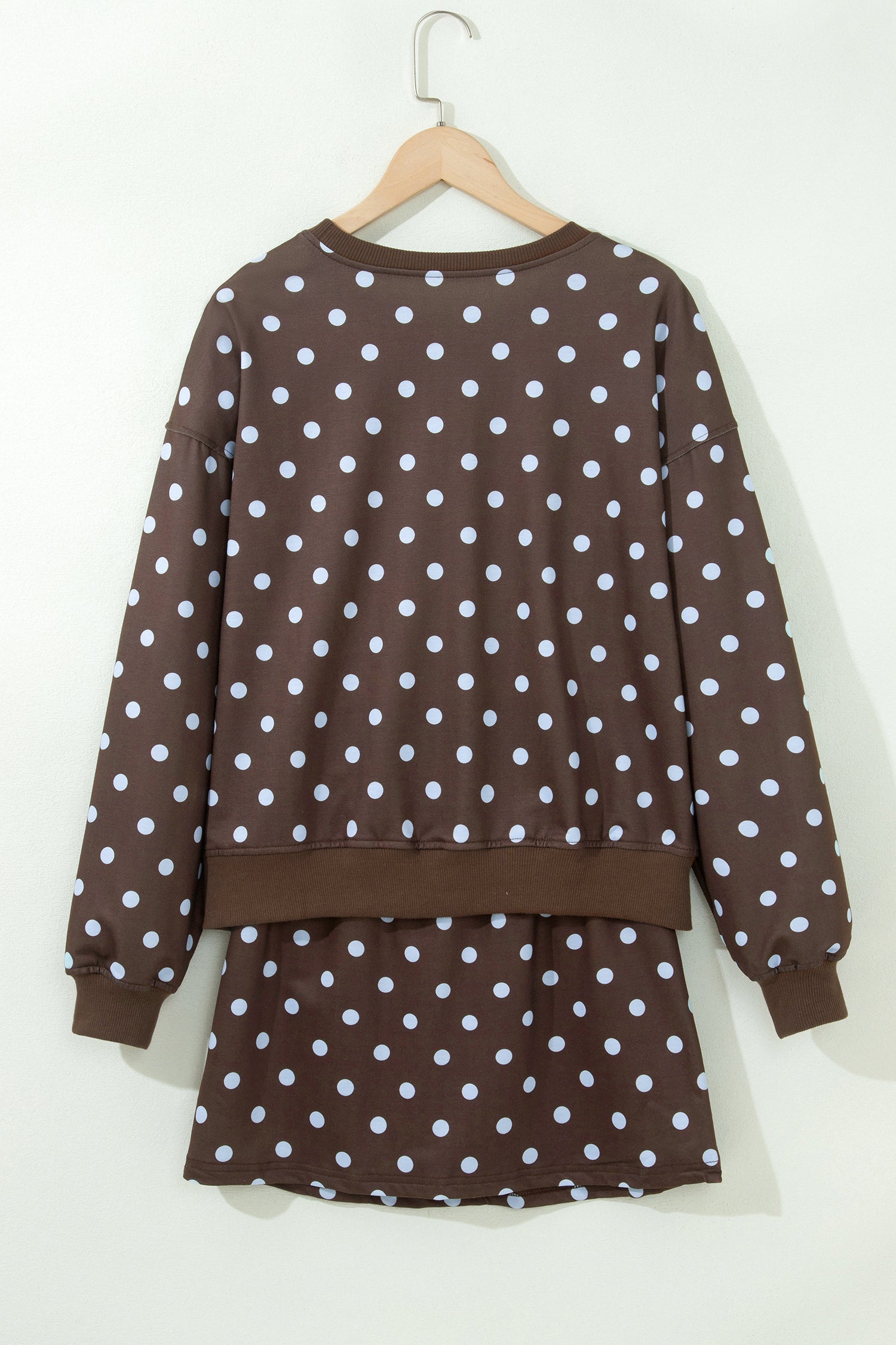 Brown Polka Dot Long Sleeve Pullover Embroidered Bow Detail 2pcs Skort Set