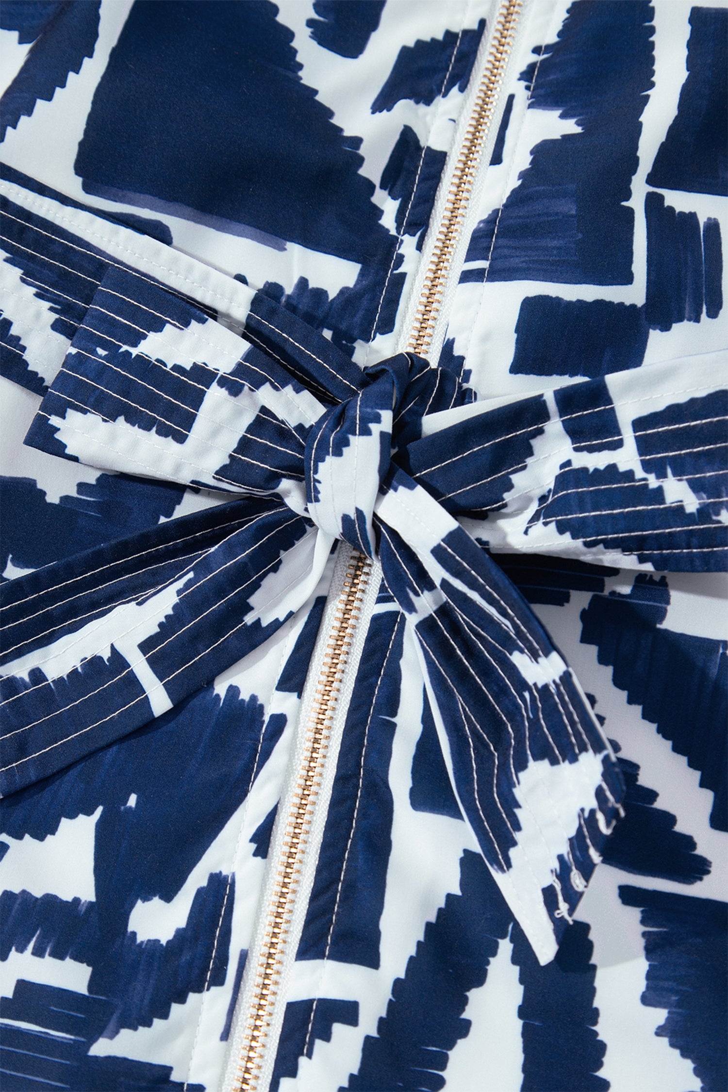 Blue Abstract Geometric Print Zip Front Tie Waist Shift Dress
