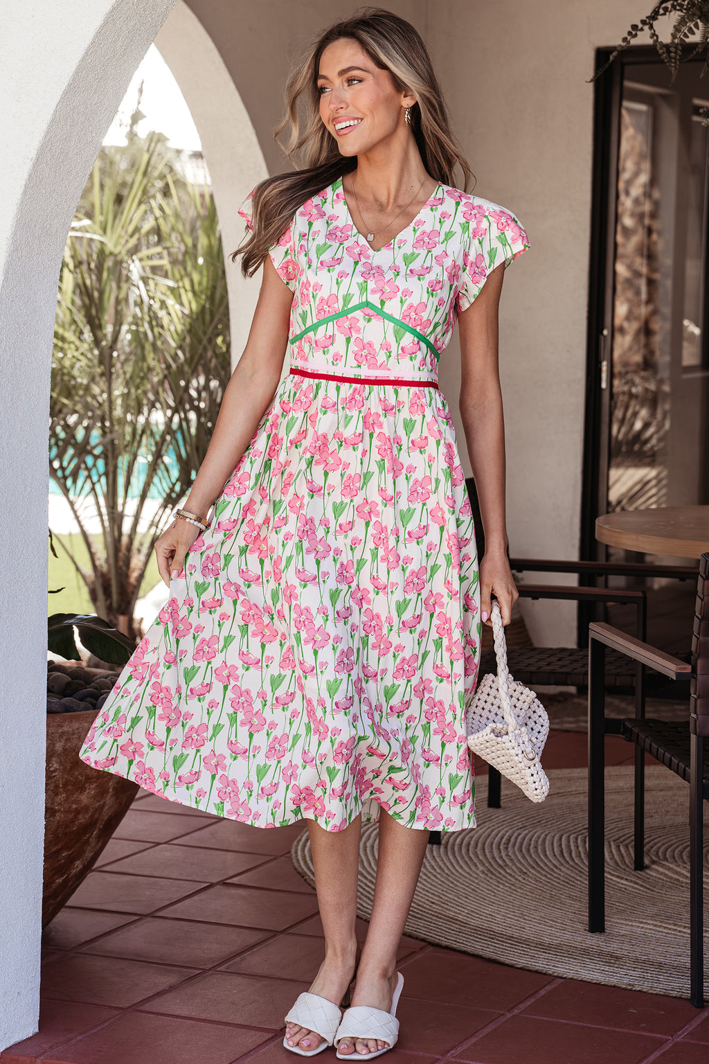 Pink Floral Print V Neck Short Sleeve Elegant Dress