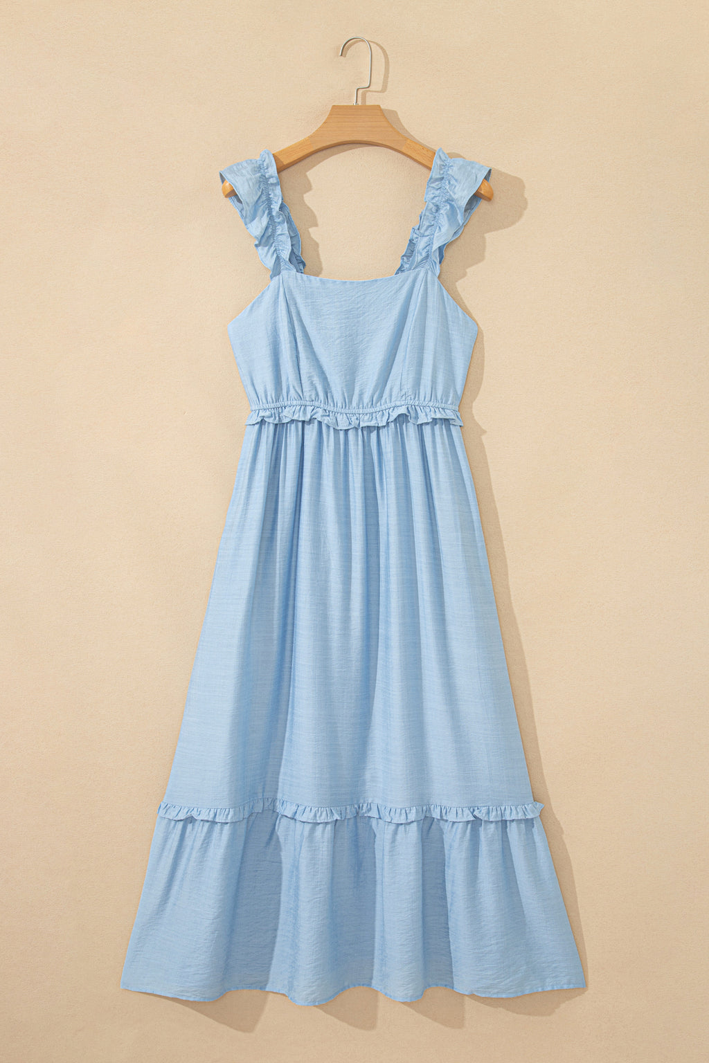Beau Blue Solid Color Ruffle Trim High Waist Sleeveless Maxi Dress