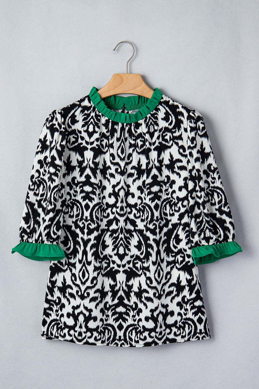 Green Damask Print Ruffled Color Block Detail Half Sleeve Blouse