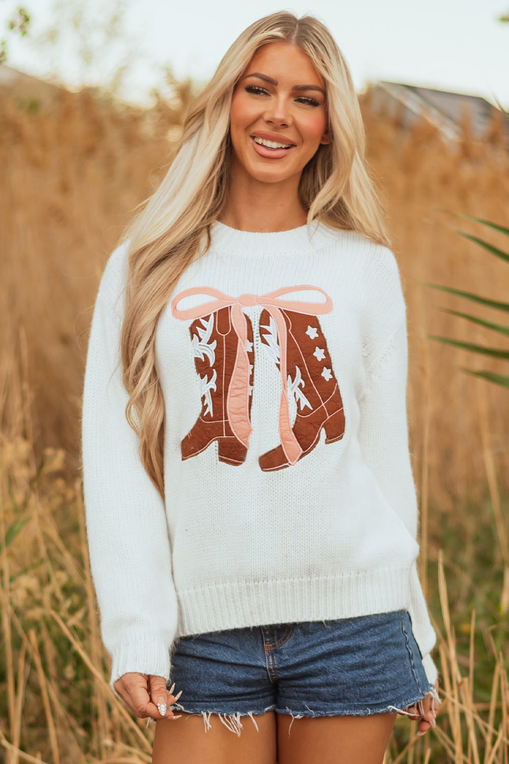 White Embroidered Bow Boots Graphic Drop Shoulder Sweater