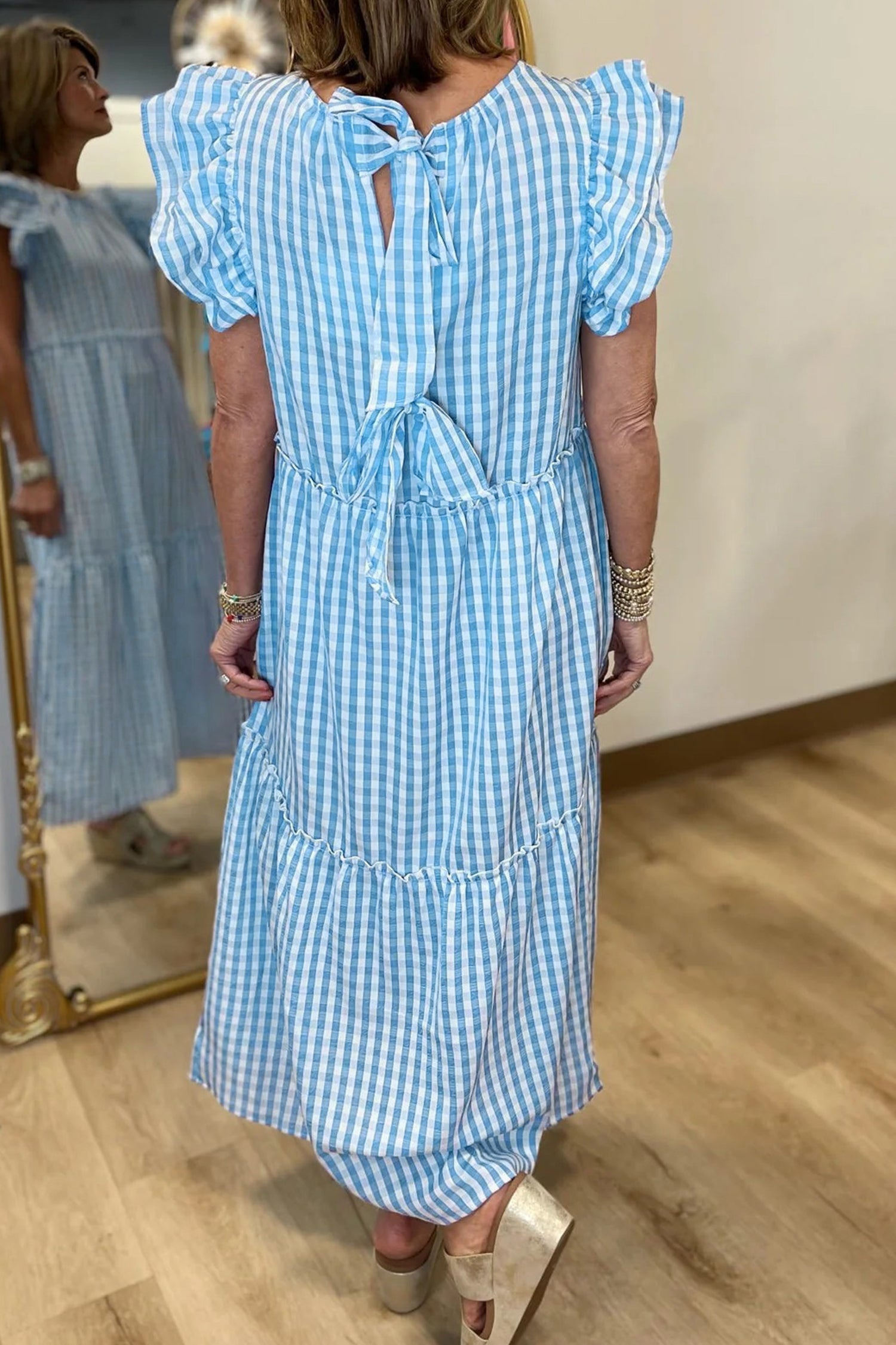 Blue Knot Back Ruffled Short Sleeve Gingham Maxi Dress