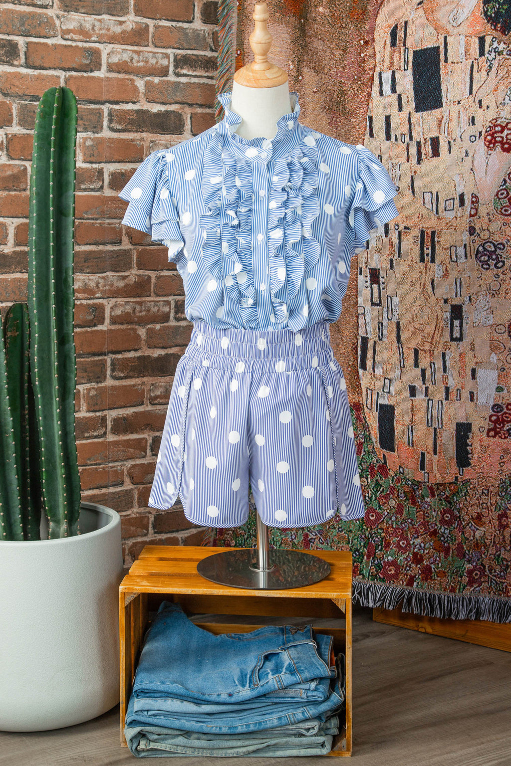 Apricot Polka Dot Print Shirred High Waist Casual Shorts