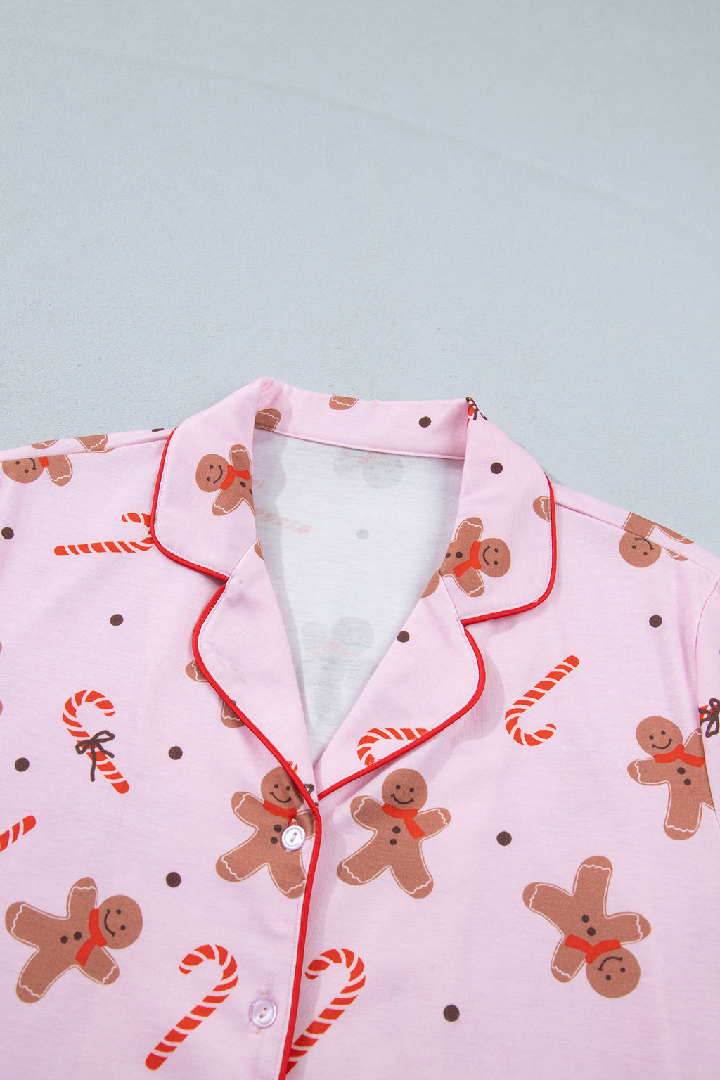 Pink Short Sleeve Placket Shell Button Elastic Waist Lounge Set