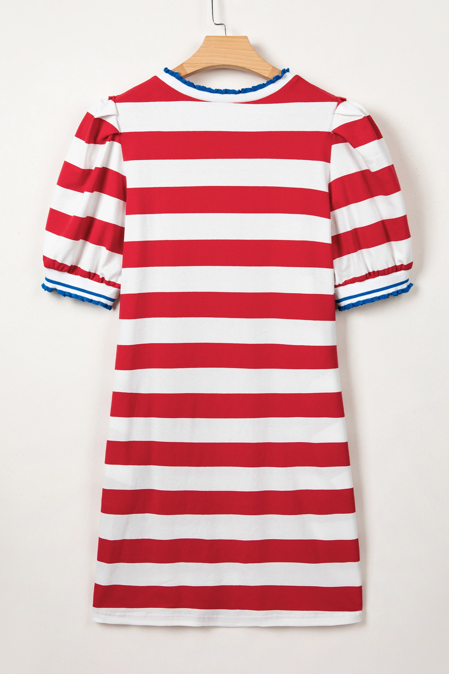 Blue Stripe Contrast Trim Round Neck Short Puff Sleeve Shift Mini Dress