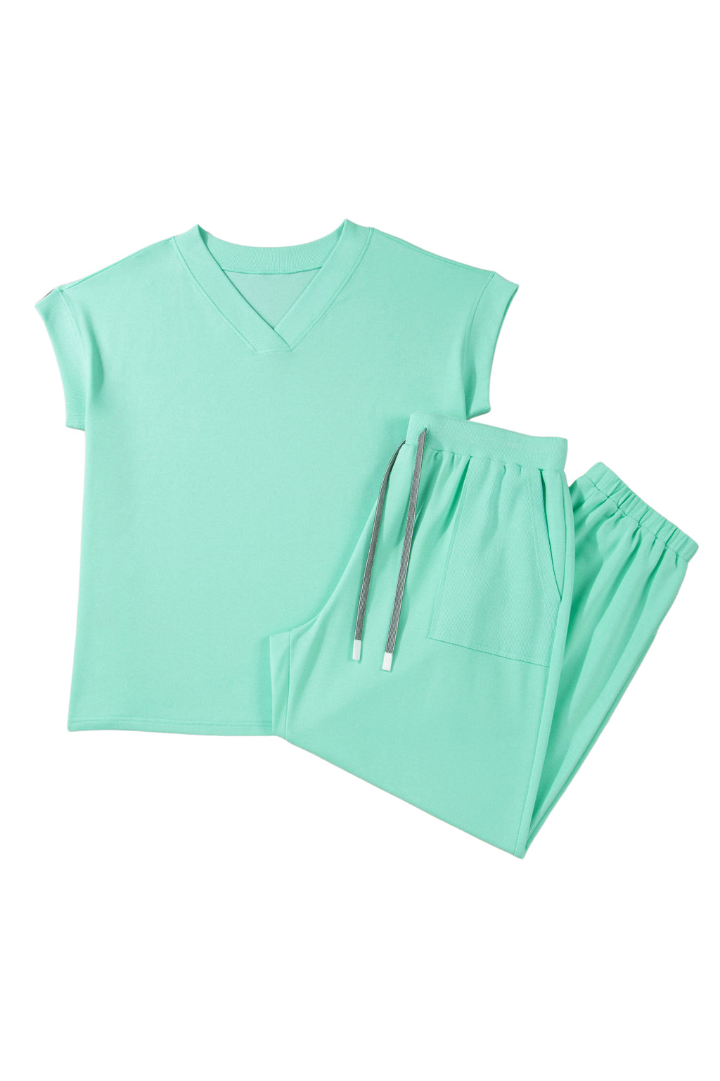 Bonbon Solid V-Neck Tee and Drawstring Plus Size Pants Set