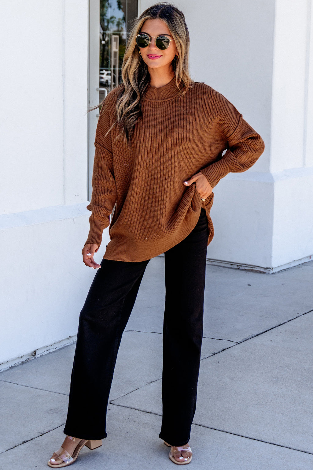 Chestnut Long Sleeve Ribbed Knit Stand Neck Regular Fit Pullover Sweater