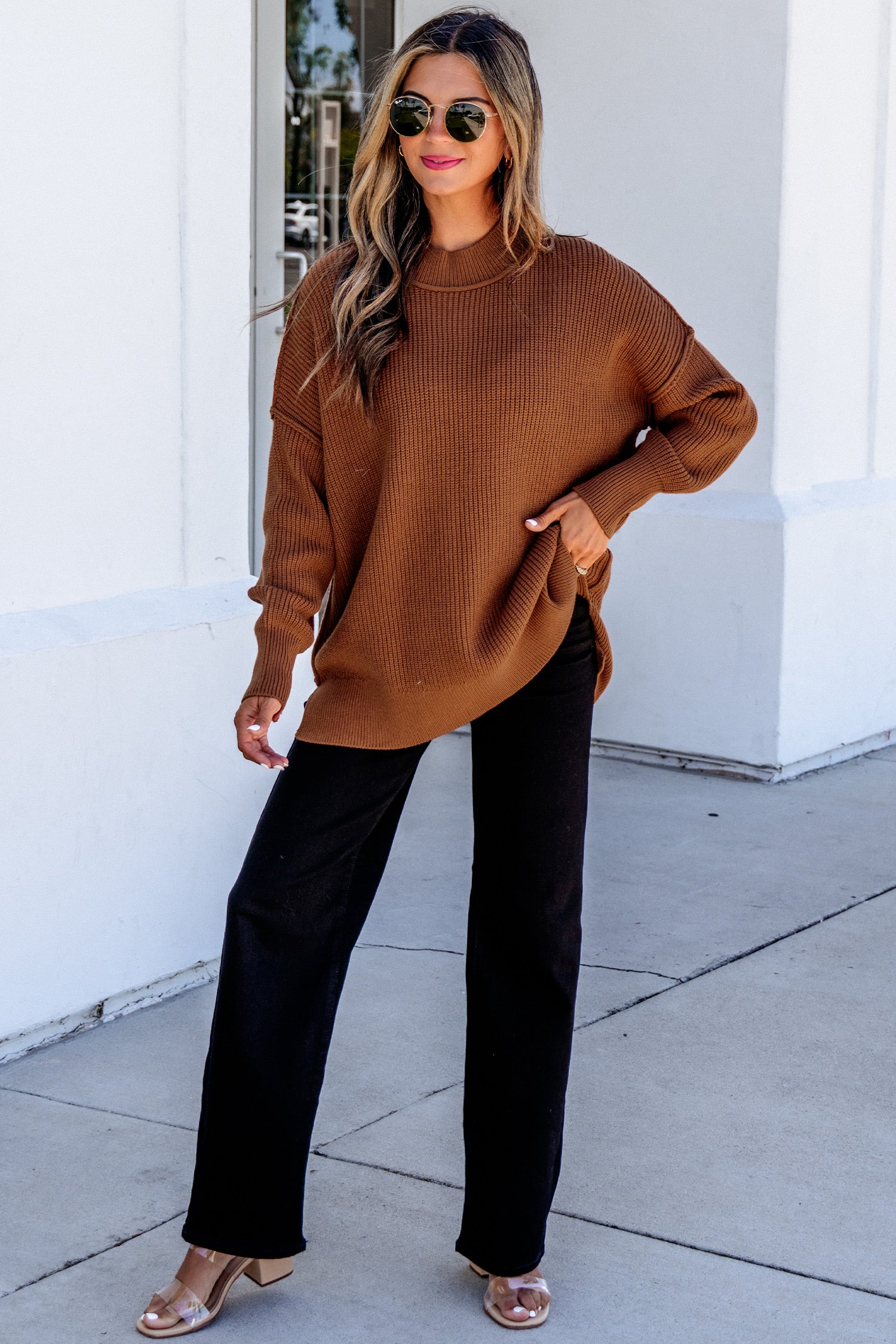 Chestnut Long Sleeve Ribbed Knit Stand Neck Regular Fit Pullover Sweater