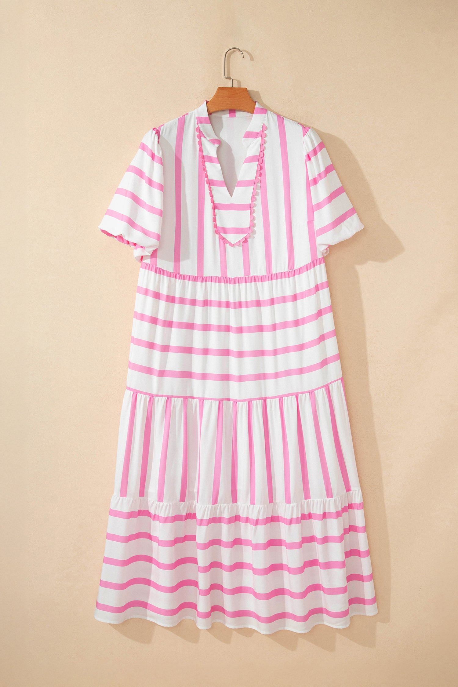 Pink Stripe Plus Size V Neck Short Puff Sleeve Tiered Maxi Dress