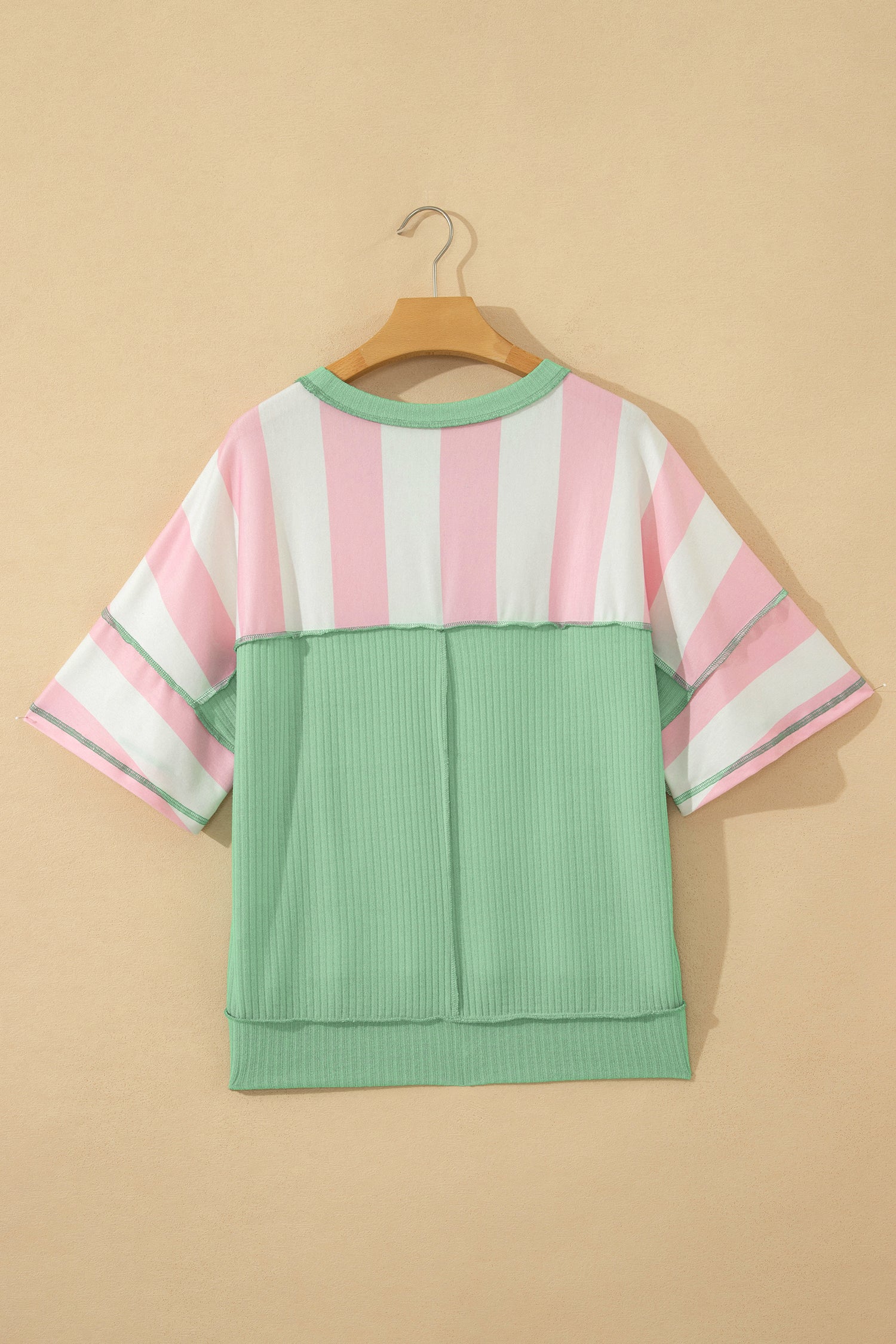 Green Stripe Exposed Seam Ribbed Patchwork Oversized Tee