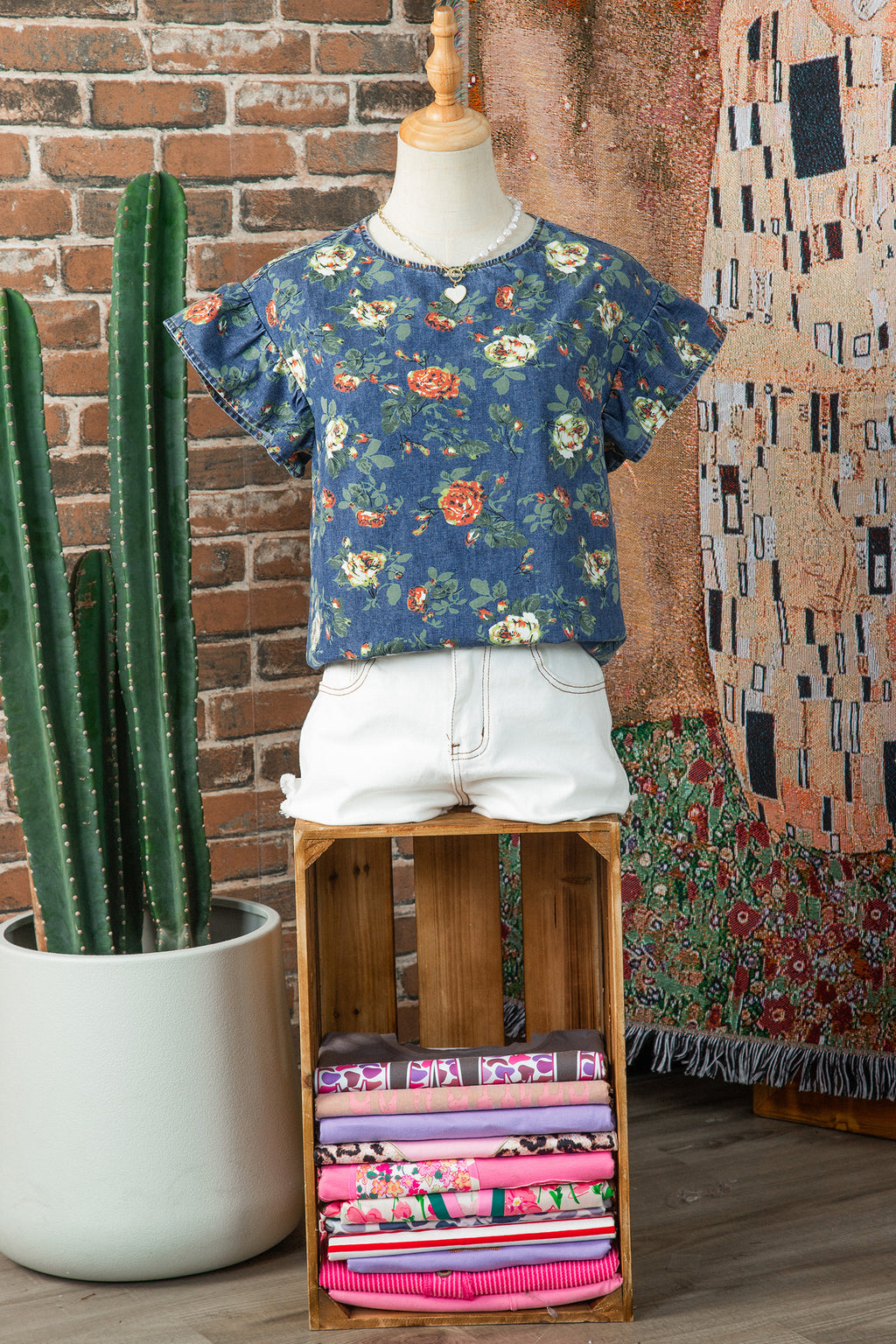 Ashleigh Blue Ruffled Short Sleeve Floral Denim Top