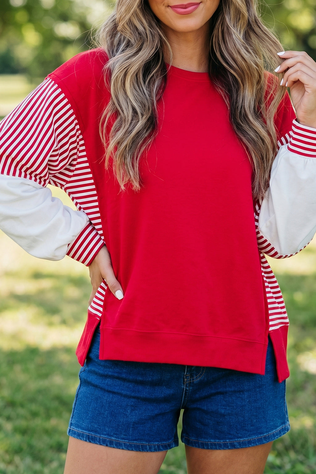 Dark Blue Striped Patchwork Sleeve Colorblock Sweatshirt