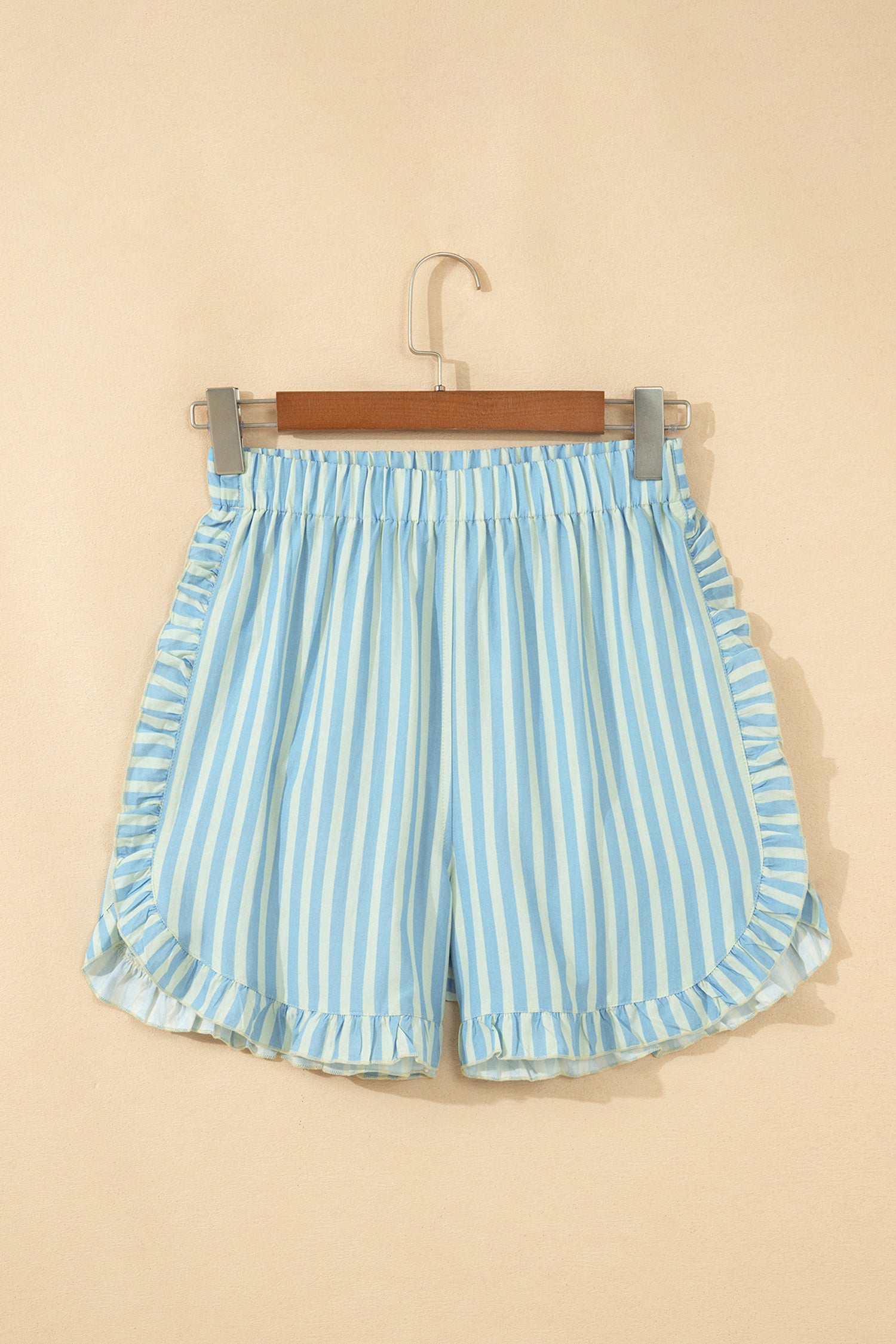 Sky Blue Stripe Elastic Waist Ruffle Trim Casual Shorts