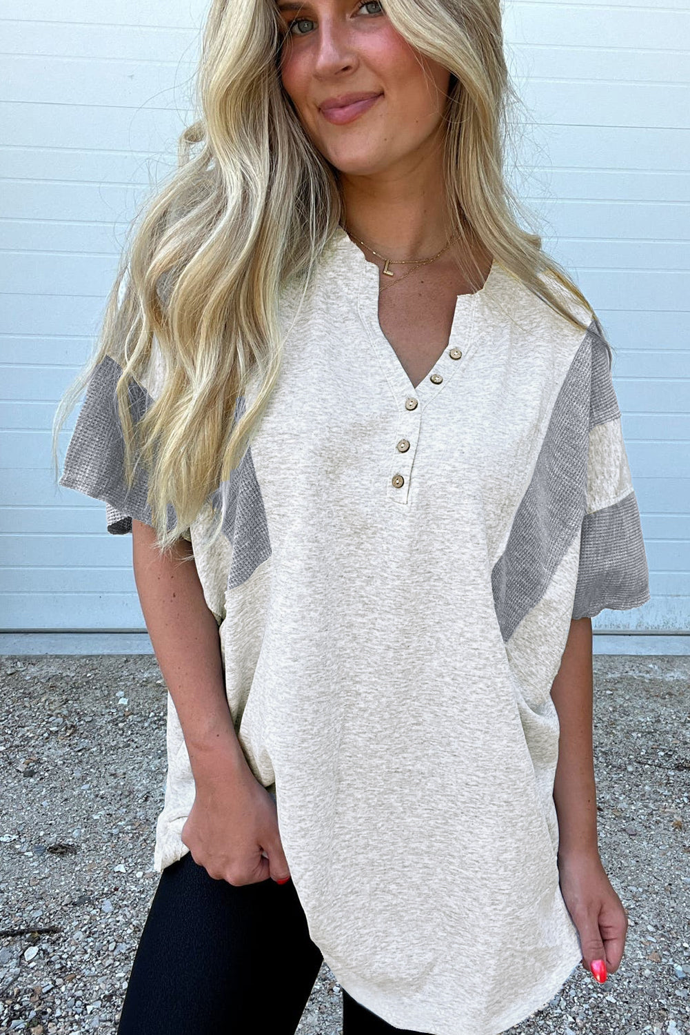 Two Tone Waffle Knit Patched Buttoned V Neck Top