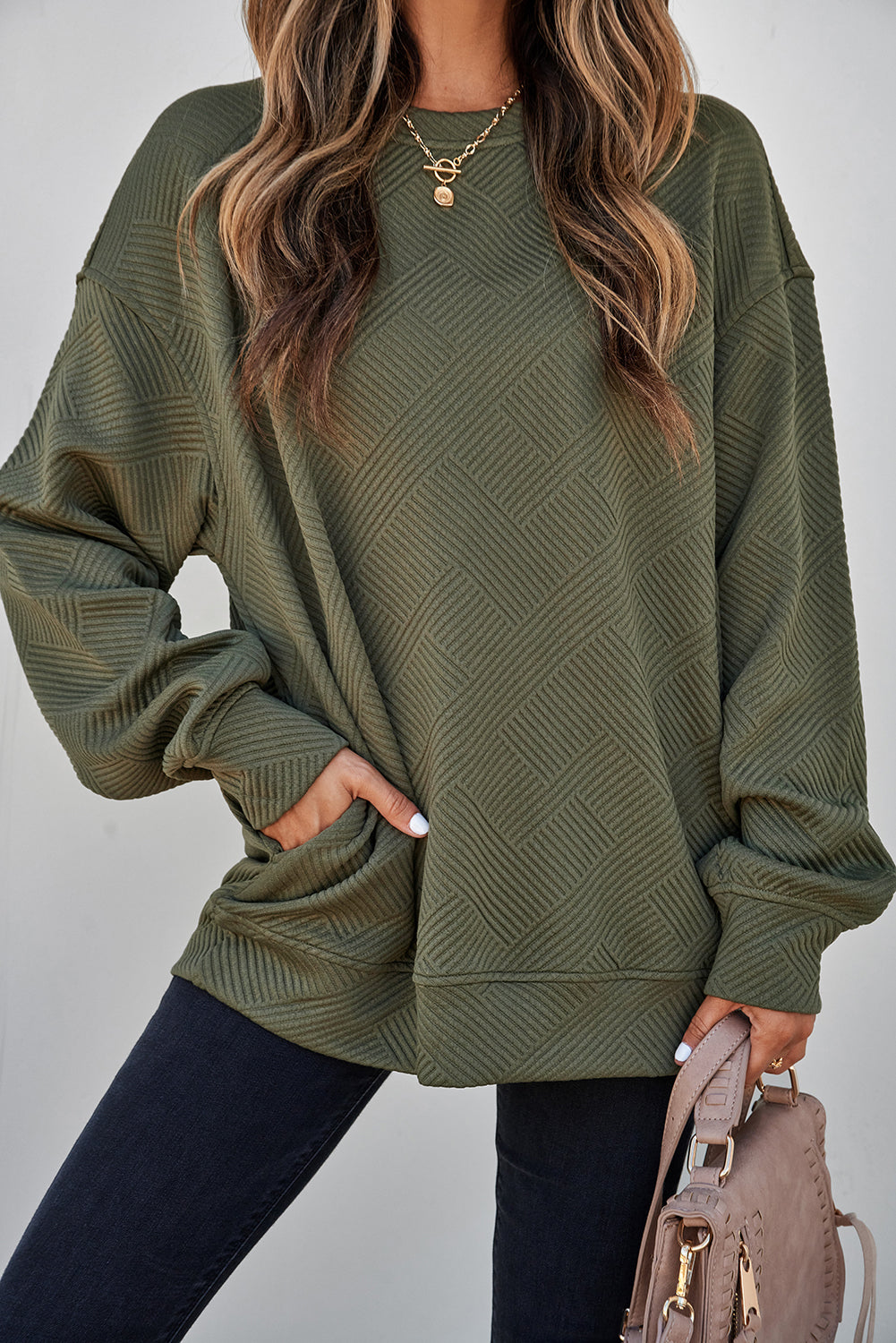 White Solid Color Textured Round Neck Drop Shoulder Pullover Sweatshirt