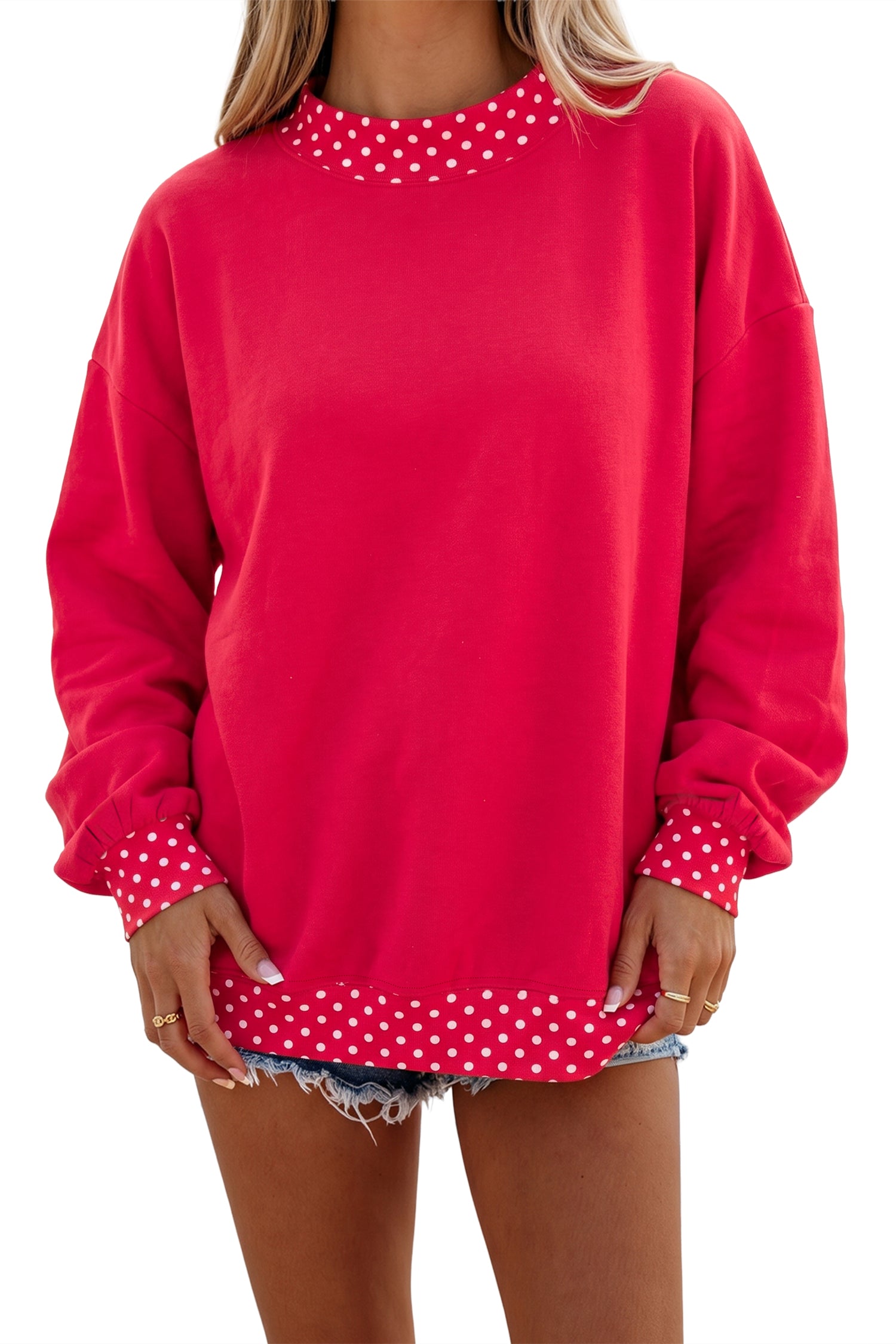 Dark Green Colorblock Polka Dot Contrast Trim Oversized Sweatshirt