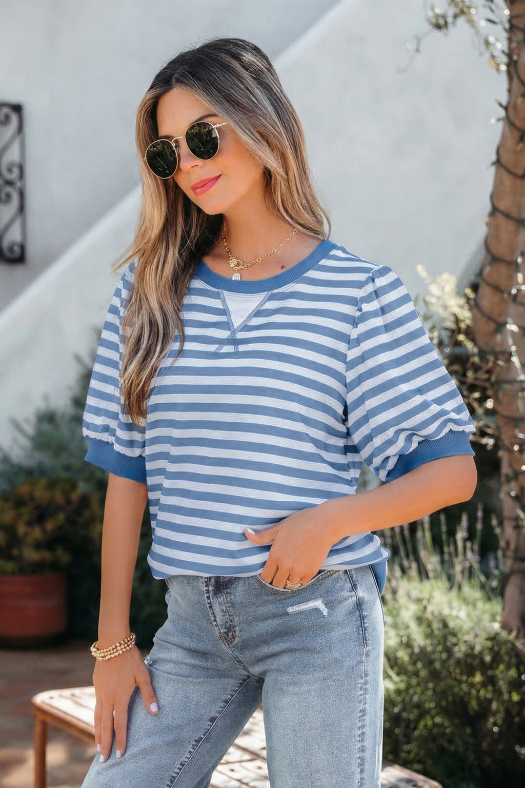 Khaki Stripe Short Bubble Sleeve T Shirt
