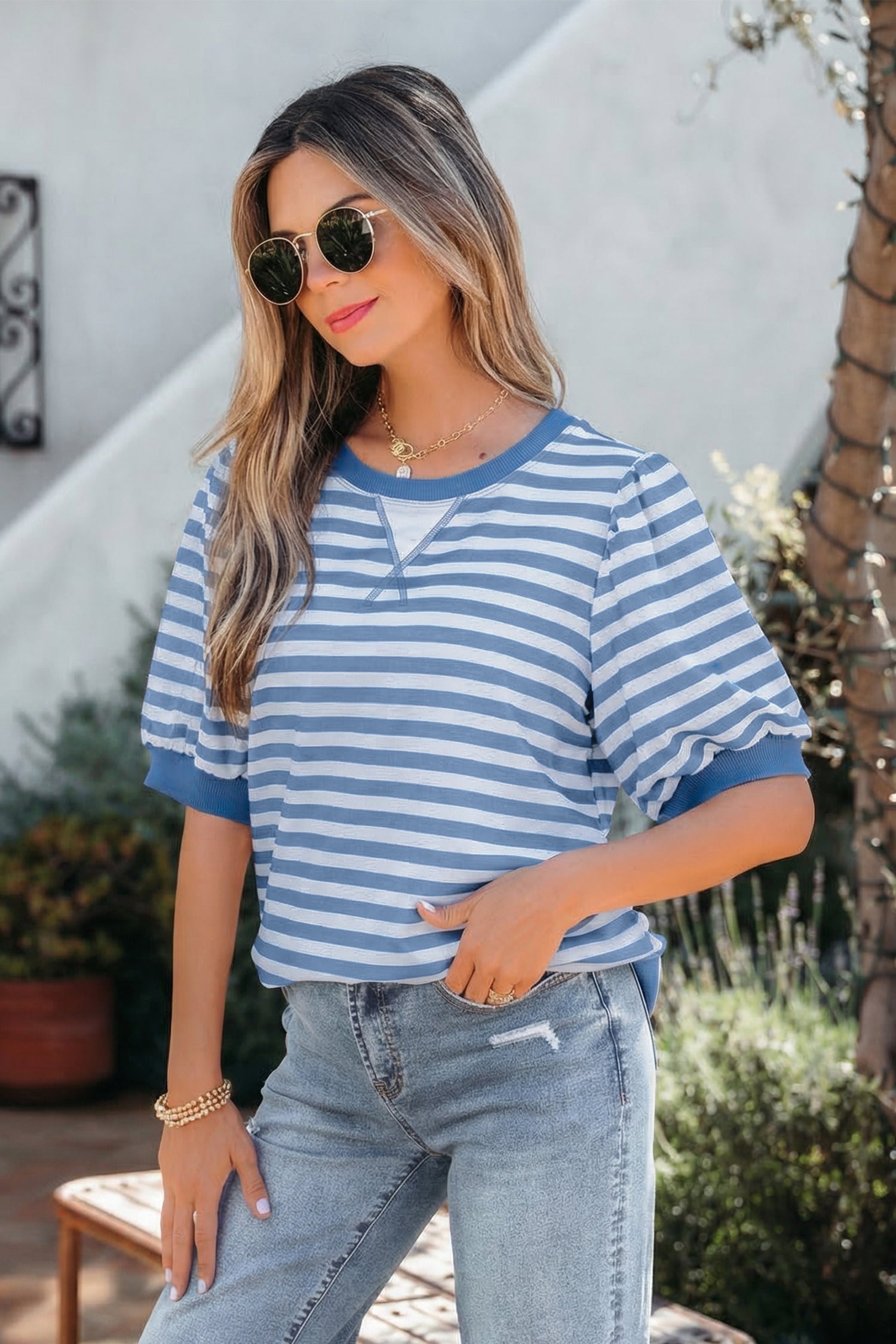 Khaki Stripe Short Bubble Sleeve T Shirt