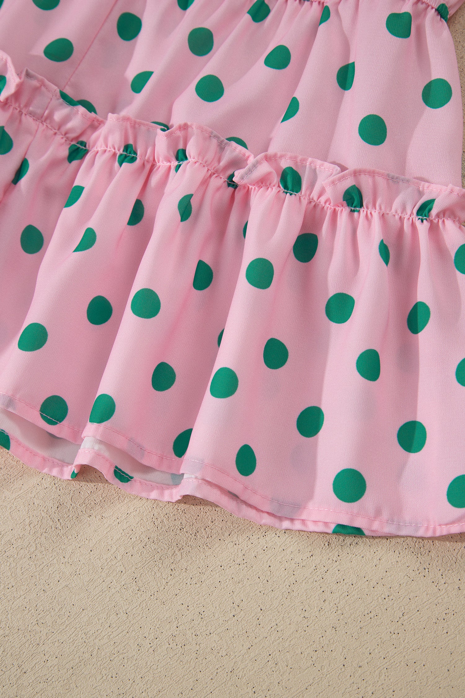 Pink V Neck Polka Dot Print Drawstring Tiered Babydoll Blouse
