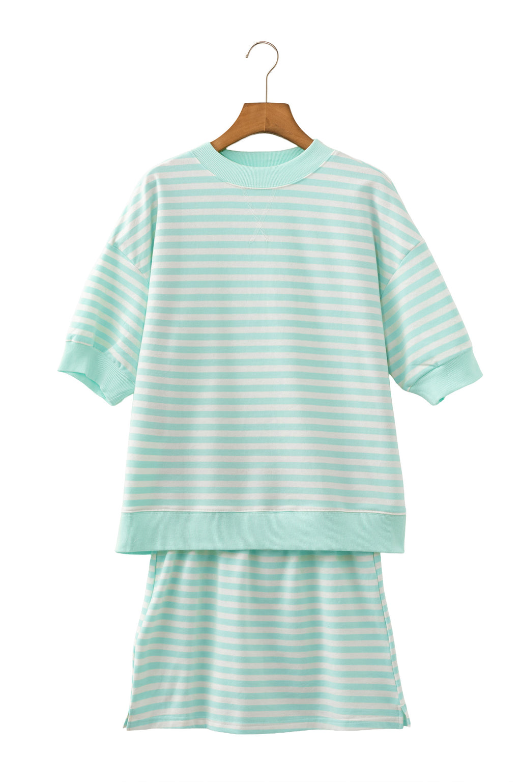 Green Stripe Ribbed Color Block Trim Half Sleeve Top Mini Skort 2pcs Outfit
