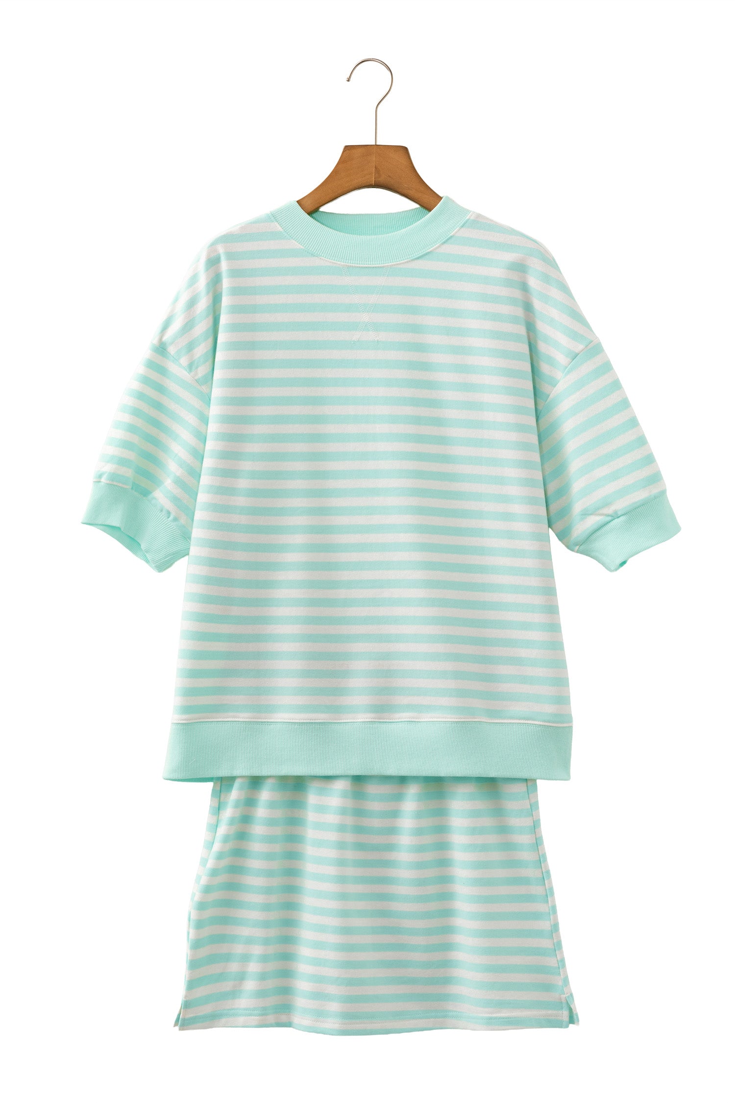 Green Stripe Ribbed Color Block Trim Half Sleeve Top Mini Skort 2pcs Outfit