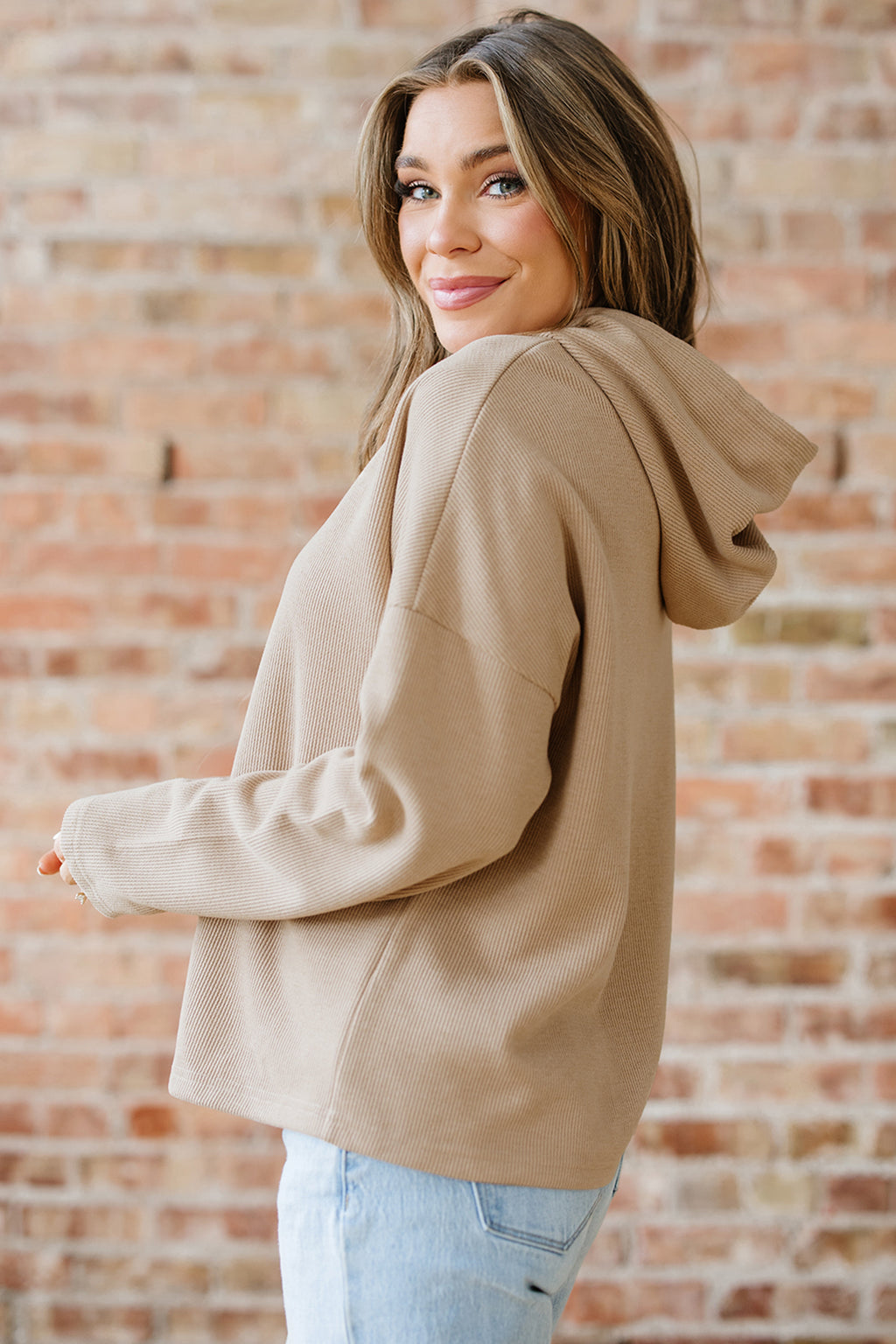 Rose Tan Thermal Textured Lace Drawstring Baggy Hoodie