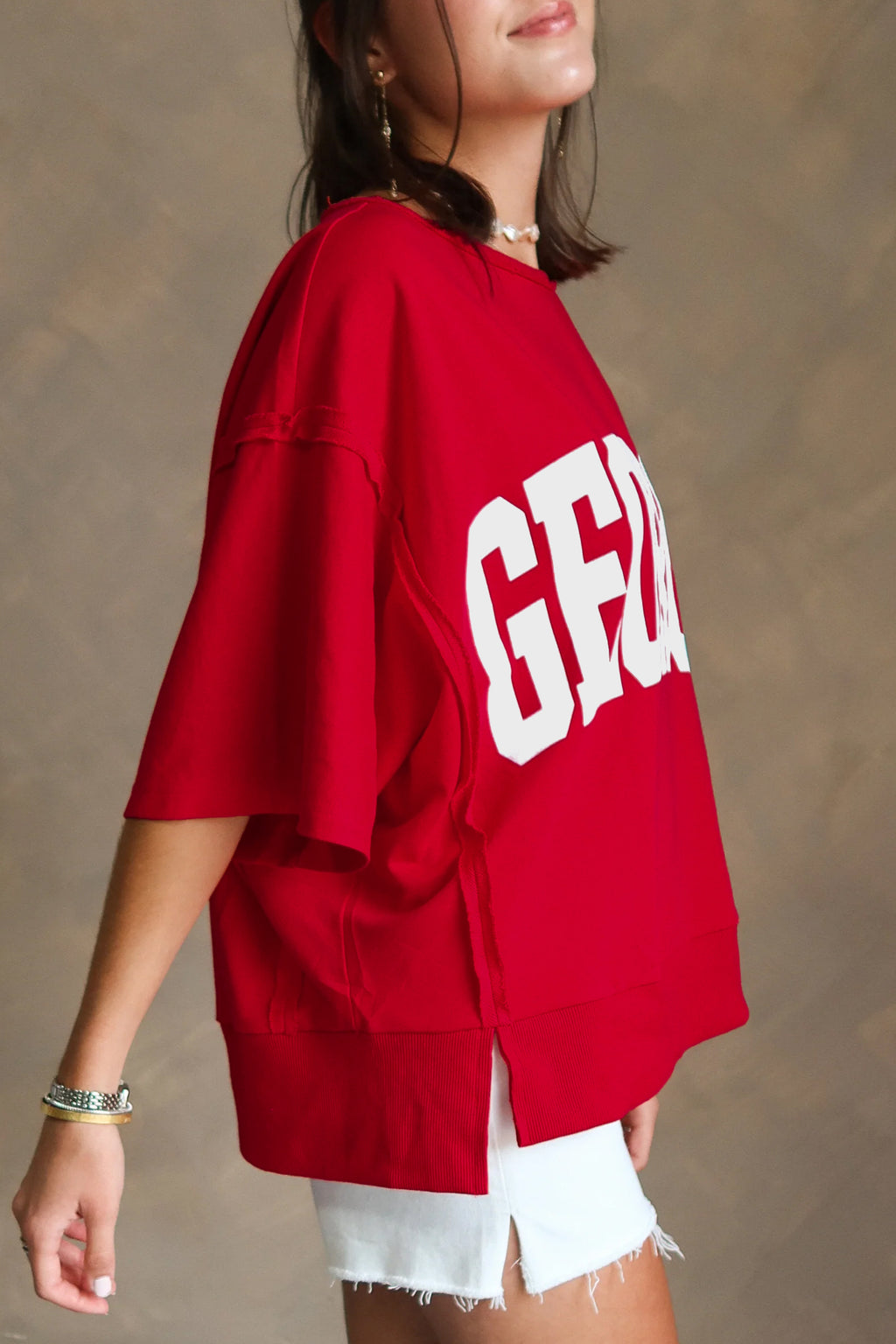 Red GEORGIA Letter Printed  Seam Drop Shoulder Loose Tee