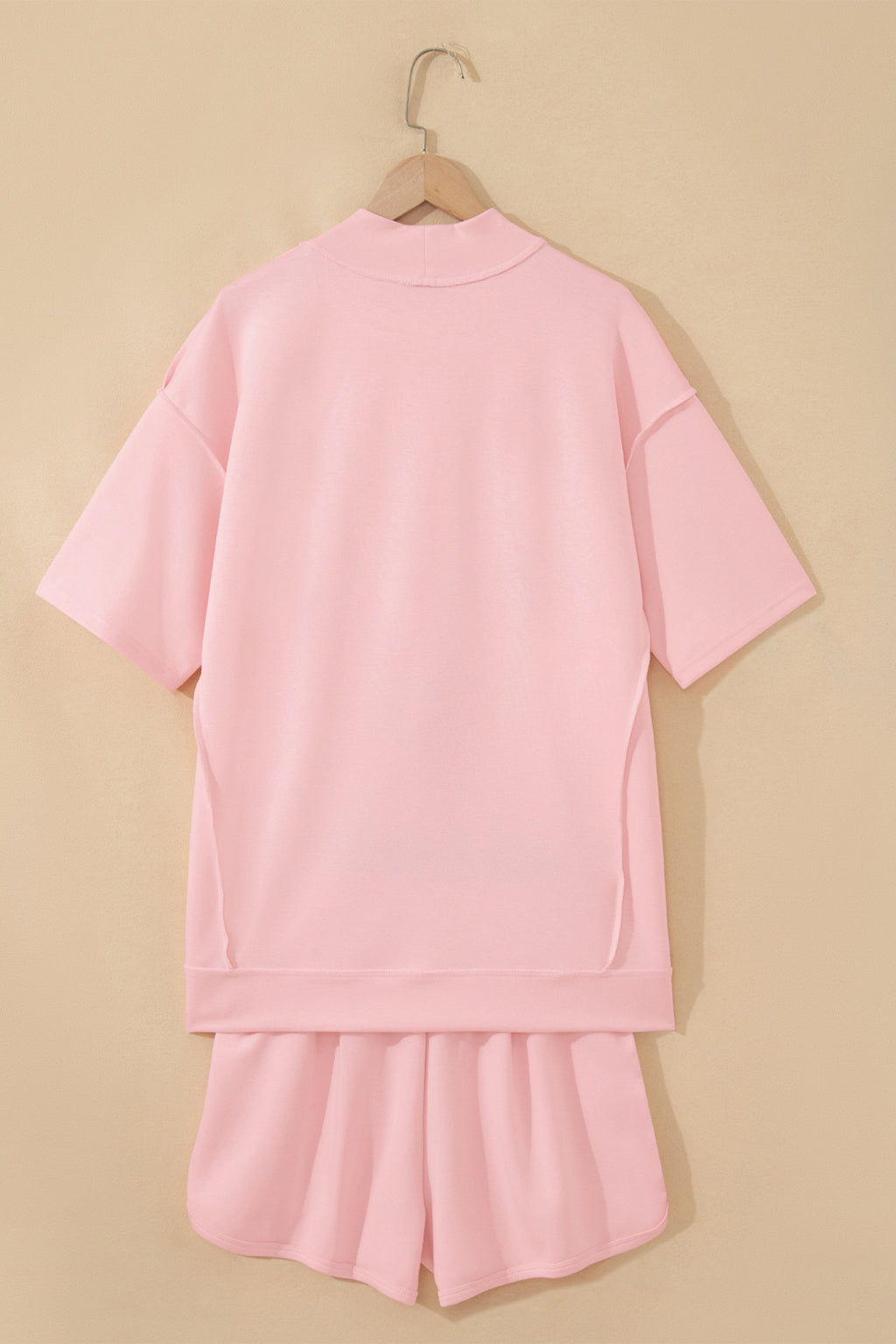 Yellow Cream Solid Color Exposed Seam Mock Neck Oversize Tee Casual Shorts 2pcs Outfit