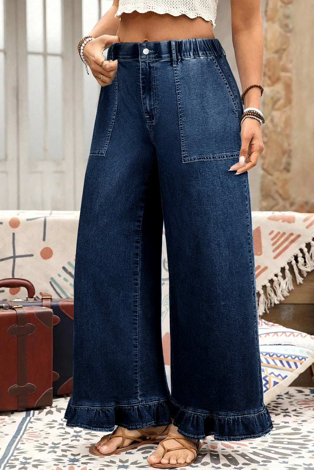 Ashleigh Blue Plus Size Elastic Waist Ruffled Wide Leg Denim Pants