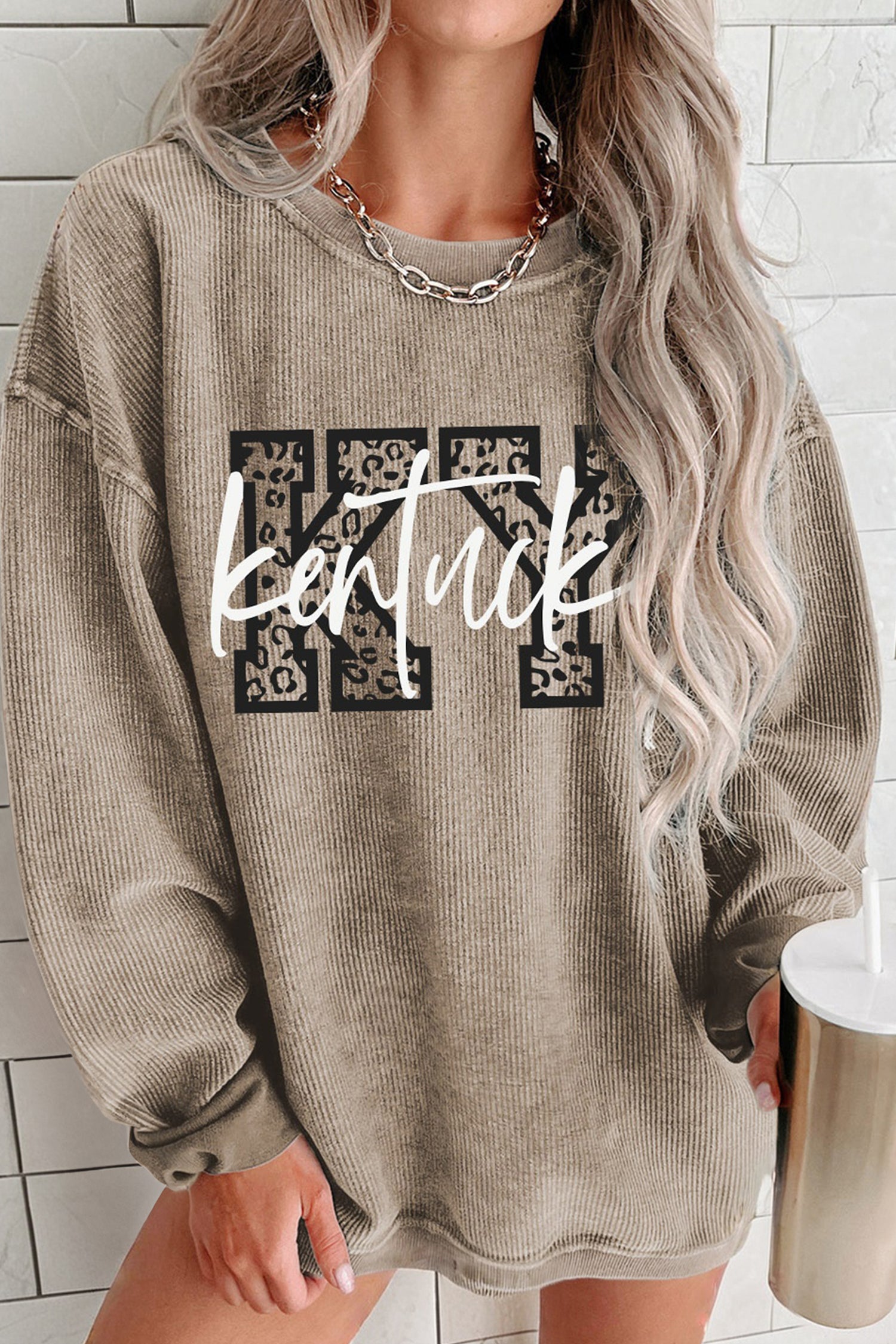Kentucky KY Leopard Lettering Ribbed Baggy Sweatshirt