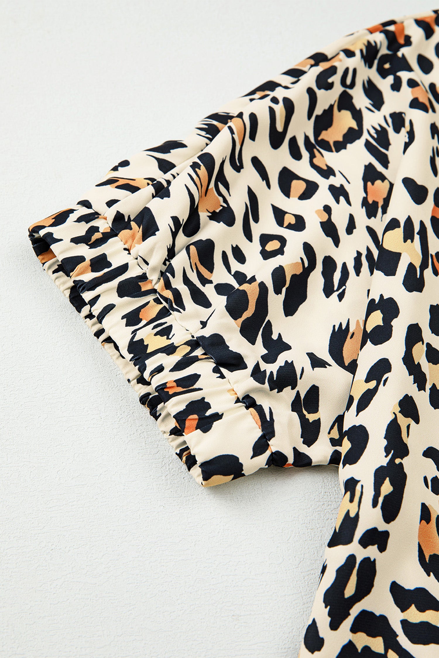 Sky Blue Leopard Color Block Contrast Striped V Neck Half Sleeve Loose Fit Blouse